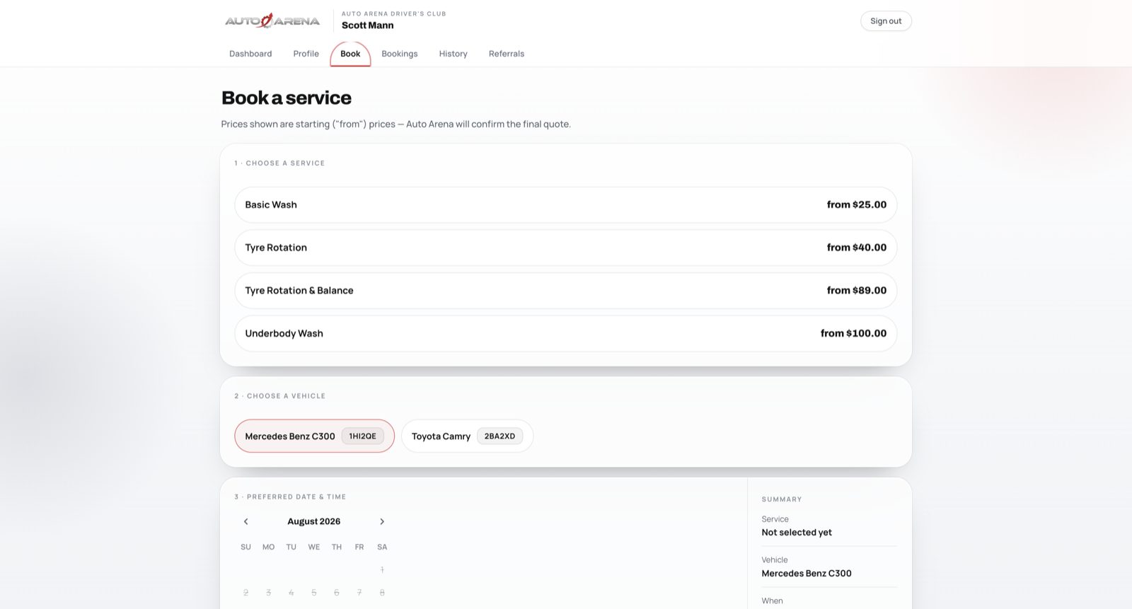 Driver's Club service booking flow