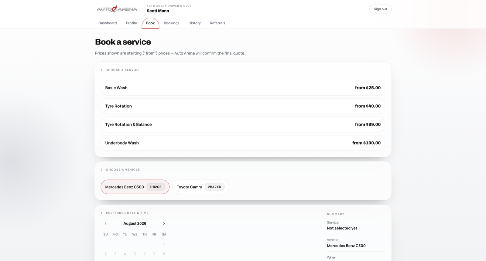 Driver's Club service booking flow